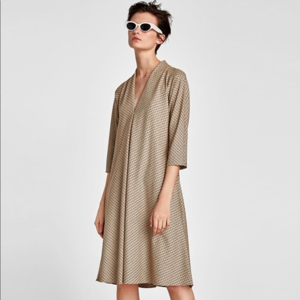 Zara Elegant Tan Checkered Women's Dress With Removable Belted Sash